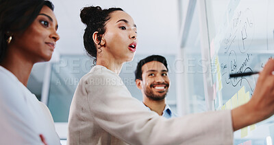 Buy stock photo Glass wall, teamwork and business people in office, conversation and brainstorming for project. Employees, feedback or PR agency with ideas, planning and creative proposal with profit growth or smile