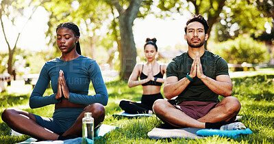 Buy stock photo Meditation, prayer hands and people in park for mindfulness, healing aura or spiritual mental health. Zen, yoga group and peaceful in nature with fresh air, energy balance or relax chakra outdoors