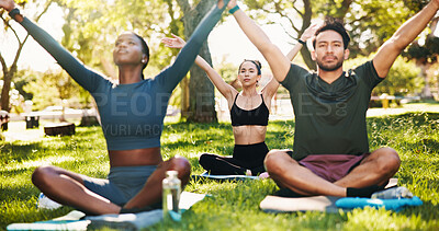 Buy stock photo Meditation, yoga and group in park for mindfulness, healing aura or spiritual mental health. Zen, yogi people and peaceful break in nature with fresh air, energy balance or relax chakra outdoors