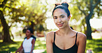 Nature, woman and smile in portrait for yoga class, holistic healing and mindfulness with confidence. Outdoor, female coach and yogi with happiness for fitness, self care and wellness for inner peace
