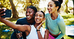 Fitness friends, selfie and women in park smile in picture for wellness, bonding and memory for exercise blog. Social media, post and yoga people outdoor with happiness, photography and health