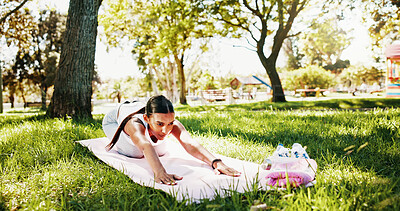 Buy stock photo Park, fitness and woman with exercise, stretching and natural with flexibility. Person, yogi and outdoor with warm up, summer and break with workout, wellness and healthy with breathing or calm