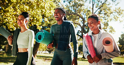 Buy stock photo Friends, yoga and women walking in park for workout, exercise and practice for mobility in morning. Nature, pilates class and people laugh in conversation for wellness, health and wellbeing on grass