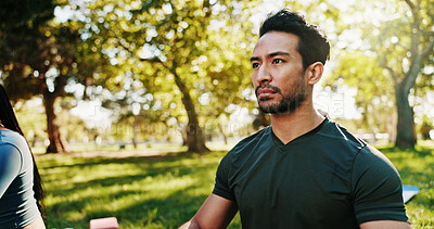Buy stock photo Man, park and serious for yoga with mindfulness, thinking or calm balance with health, wellness and exercise outdoor. Person, class and reflection for peace of mind, fresh air and fitness in nature