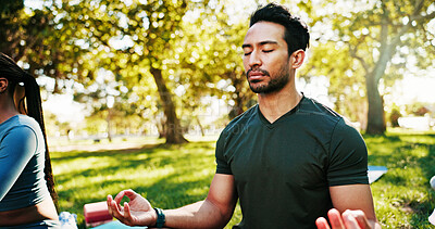 Buy stock photo Awareness, meditation and yoga with man in park for holistic exercise or wellness routine. Inner peace, lotus pose and zen with yogi person outdoor in nature for fitness, mindfulness or pilates