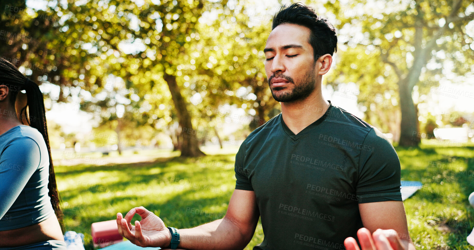 Buy stock photo Awareness, meditation and yoga with man in park for holistic exercise or wellness routine. Inner peace, lotus pose and zen with yogi person outdoor in nature for fitness, mindfulness or pilates