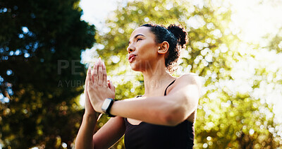 Buy stock photo Breathing, meditation and yoga with woman in park for holistic exercise or wellness routine. Awareness, balance and inner peace with yogi person outdoor in nature for fitness, mindfulness or pilates
