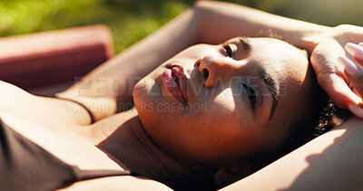 Buy stock photo Woman, relax and break in sunshine for yoga workout, exercise or health and wellness in nature. Active, female person or yogi lying in rest for breathing, recovery or balance on grass field at park