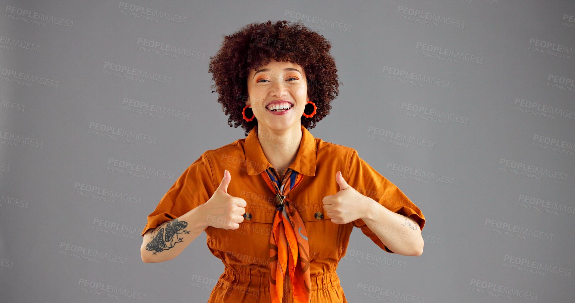 Buy stock photo Portrait, thumbs up and woman with smile for fashion, retro style and isolated on gray studio background. Happy person, hand gesture and like symbol for support, agreement and feedback with space