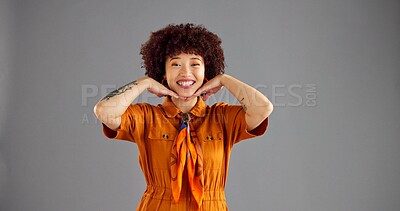 Buy stock photo Happy, fashion and portrait of woman in studio with color, stylish and trendy clothing with confidence. Smile, mockup space and female person from Colombia with cool outfit by gray background.