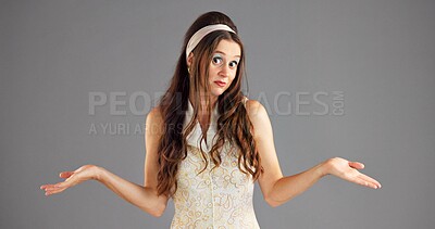 Buy stock photo Portrait, open hands and woman in studio, choice and comparison on gray background. Face, person and model with gesture, questions and shrug with decision, mockup option and offer with selection