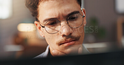 Buy stock photo Thinking, laptop and man in home for remote work, startup business and freelance career for planning. Professional, solution and person on computer for reading website, project report and research