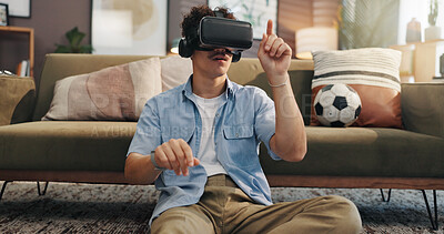 Buy stock photo Futuristic, video games and man with vr headset, sofa or online for virtual reality in lounge or app. Esports, gamer and person with tech for entertainment, player or subscription for fantasy in home