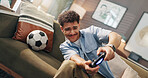 Playing, video games and man with controller, home and fun with virtual sport in living room and online. Apartment, gamer and person with tech for entertainment, streaming and player with console