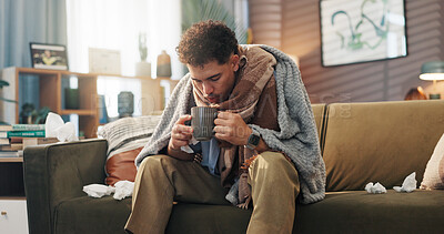 Buy stock photo Man, sick and blowing tea on sofa in home with liquid for healing, flu and blanket for recovery in lounge. Person, cold and tired with mug for hydration, rest and exhausted on couch at apartment
