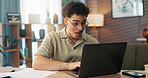 Remote work from home, surprise and man with laptop, email notification and feedback for proposal. Person, freelancer and entrepreneur with computer, shocked and wow with positive review and internet