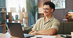 Man, laptop and happy in home for email, personal finances and startup expenses with documents. Entrepreneur, tech and paperwork in lounge for small business management, invoice or smile for savings