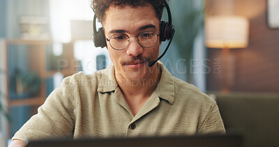Buy stock photo Video call, remote work and man with headset on laptop for conversation, online chat and virtual meeting. Communication, working from home and person for discussion, talking and webinar on computer