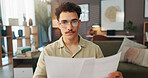 Man, portrait or video call with paperwork in home for virtual interview, international recruitment or online meeting. POV, candidate or resume with webinar for hiring process, discussion or feedback