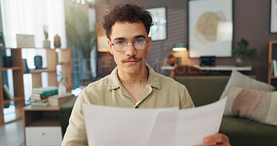 Buy stock photo Man, portrait or video call with paperwork in home for virtual interview, international recruitment or online meeting. POV, candidate or resume with webinar for hiring process, discussion or feedback