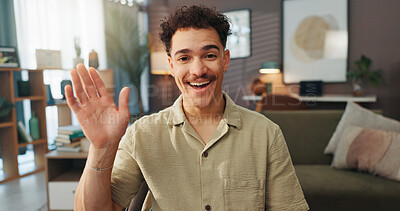 Buy stock photo Home, greeting and man with video call, portrait and smile with hello, conversation and virtual meeting. Face, happy person and freelancer in lounge, chatting and online feedback with consultation