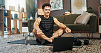 Man, exercise and laptop on floor in home with video tutorial for fitness, training and learning in lounge. Person, computer and virtual class on internet, workout and equipment on mat at apartment