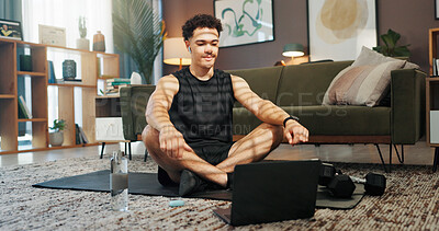 Buy stock photo Man, exercise and laptop on floor in home with video tutorial for fitness, training and learning in lounge. Person, computer and virtual class on internet, workout and equipment on mat at apartment