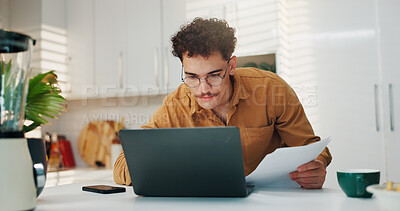 Buy stock photo Man, documents and laptop for finance in home, review and budget for saving, investment and wealth planning. Person, computer and paperwork with taxes, bills and report for revenue at apartment