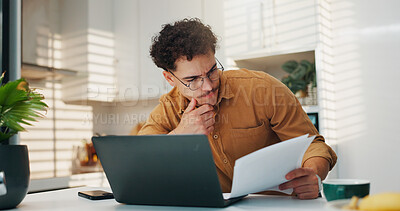 Buy stock photo Man, documents and laptop for budget in home, review and stress for finance, investment and wealth planning. Person, computer and paperwork with taxes, bills and thinking with report at apartment