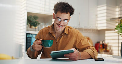 Buy stock photo Home, coffee and man with tablet, smile and online reading with morning news, email and internet. Happy, tech and person in kitchen, connection and herbal tea with social media, digital app and latte