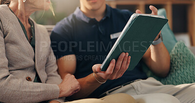 Buy stock photo Caregiver, tablet and old woman on sofa with hands, advice and medical consultation in senior care. Conversation, homecare and elderly person on couch with nurse, digital app and health insurance.