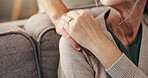 Empathy, senior woman and hands on sofa with retirement support, volunteer service and compassion. Closeup, elderly patient and caregiver in assisted living with kindness, appreciation and gratitude