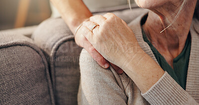 Buy stock photo Empathy, senior woman and hands on sofa with retirement support, volunteer service and compassion. Closeup, elderly patient and caregiver in assisted living with kindness, appreciation and gratitude