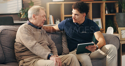 Buy stock photo Old man, nurse and tablet on sofa, sad and report with diagnosis in living room in home. Caregiver, elderly person and digital touchscreen with comfort, app and results with bad news in retirement