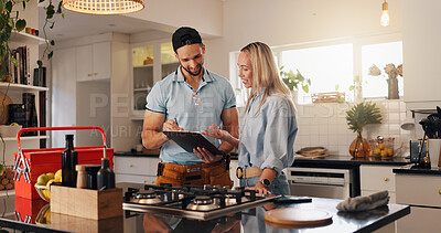 Buy stock photo Woman, man and plumber with clipboard in home for invoice, report and talk for repair in kitchen. People, handyman and client with checklist for drainage system, inspection and smile at apartment