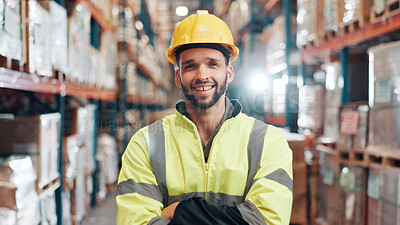 Buy stock photo Man, portrait or confident in warehouse for logistics, export business or supply chain. Compliance supervisor, PPE and arms crossed in storage facility with happiness for new distribution opportunity