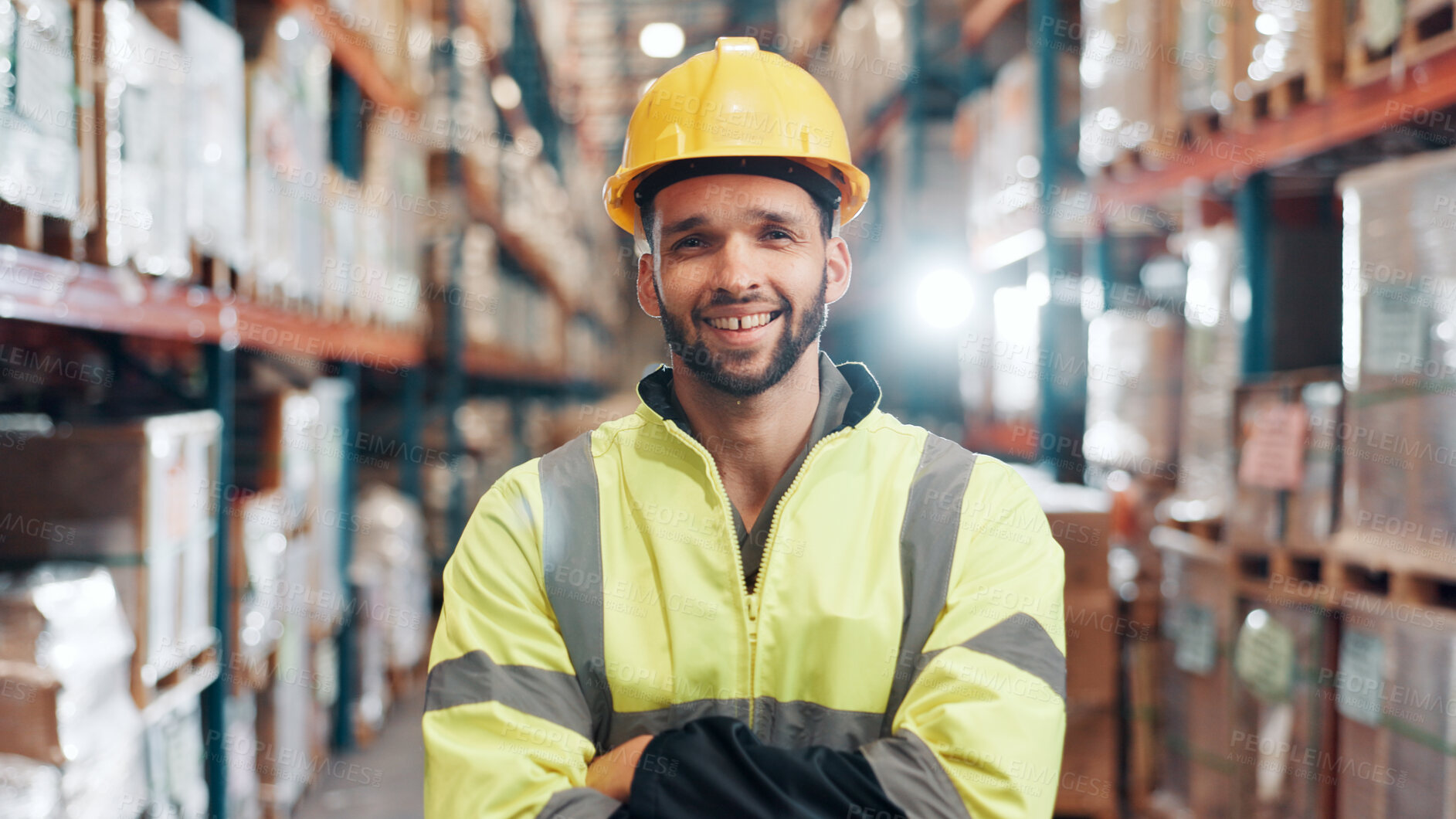 Buy stock photo Man, portrait or confident in warehouse for logistics, export business or supply chain. Compliance supervisor, PPE and arms crossed in storage facility with happiness for new distribution opportunity
