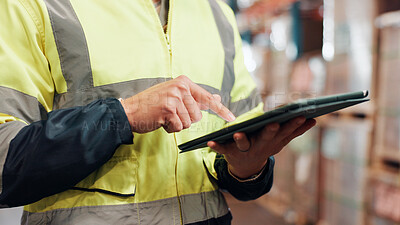 Buy stock photo Hands, tablet and shipping person with inspection, distribution information or schedule with quality control. Logistics, digital report or delivery logs, tech and inventory management at warehouse