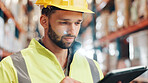 Man, tablet and logistics information at warehouse, shipping schedule or delivery report for inventory management. Cargo, freight or supply chain with digital checklist, tech and stocktaking at plant