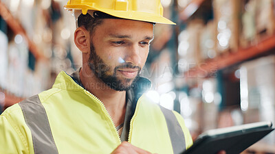 Buy stock photo Man, tablet and logistics information at warehouse, shipping schedule or delivery report for inventory management. Cargo, freight or supply chain with digital checklist, tech and stocktaking at plant
