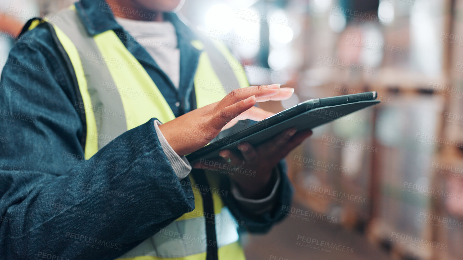 Buy stock photo Hands, tablet and logistics scroll at warehouse, shipping schedule or delivery report for inventory management. Person, freight or supply chain with digital checklist, tech and stocktaking at plant