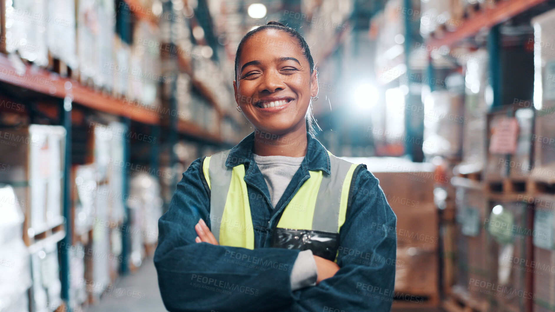 Buy stock photo Woman, portrait and confident in warehouse for logistics, export business or supply chain. Factory supervisor, happy or arms crossed in storage facility with backlog management for commercial freight