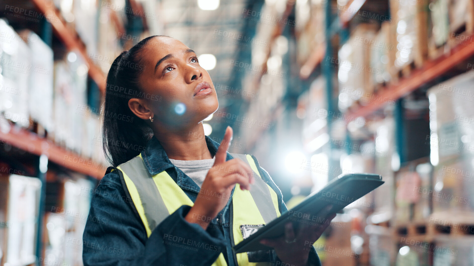 Buy stock photo Woman, tablet and logistics at warehouse for inspection, shipping or delivery for inventory management. Cargo, freight or supply chain with digital checklist, technology and stock check at plant