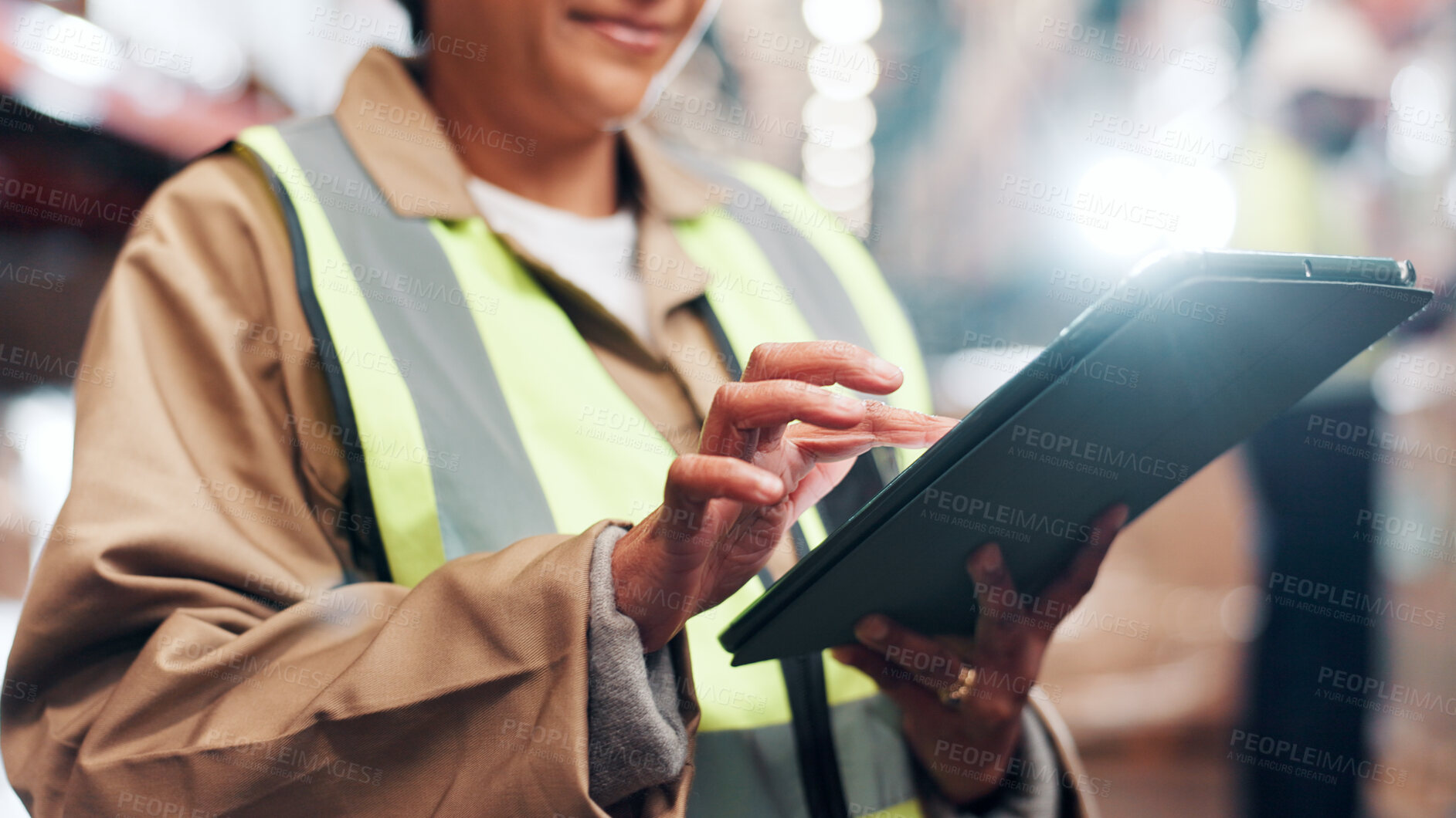 Buy stock photo Distribution, hands and person with tablet in warehouse, quality assurance and inventory management. Digital checklist, logistics and inspector in factory for stocktaking on tech, shipping and scroll