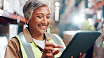 Shipping, scroll and mature woman with tablet in warehouse, quality assurance and inventory management. Digital checklist, logistics log or happy female inspector in factory for stocktaking with tech