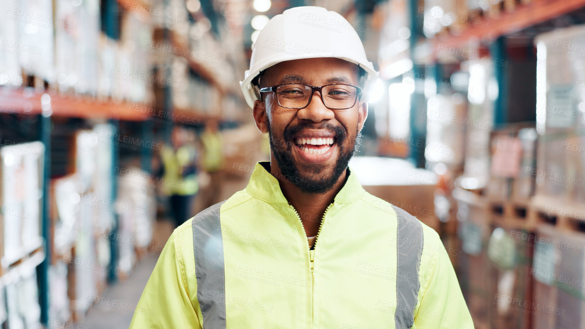 Buy stock photo Black man, portrait and happy in warehouse for logistics, export business and supply chain. Compliance officer, PPE and excited in storage facility with confidence for new distribution opportunity