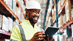 Distribution, smile and black man with tablet in warehouse, quality assurance and inventory management. Digital checklist, logistics and inspector in factory for stocktaking on tech with shipping