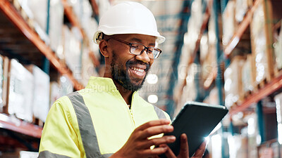 Buy stock photo Distribution, smile and black man with tablet in warehouse, quality assurance and inventory management. Digital checklist, logistics and inspector in factory for stocktaking on tech with shipping
