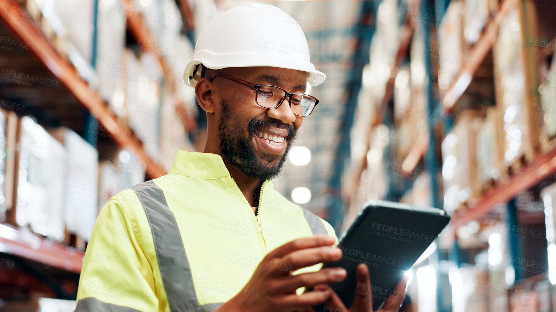 Buy stock photo Distribution, smile and black man with tablet in warehouse, quality assurance and inventory management. Digital checklist, logistics and inspector in factory for stocktaking on tech with shipping