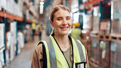 Buy stock photo Woman, portrait and happy at stock for logistics, export business and supply chain in warehouse. Safety inspector, PPE and smile in storage facility for commercial import, distribution and inventory